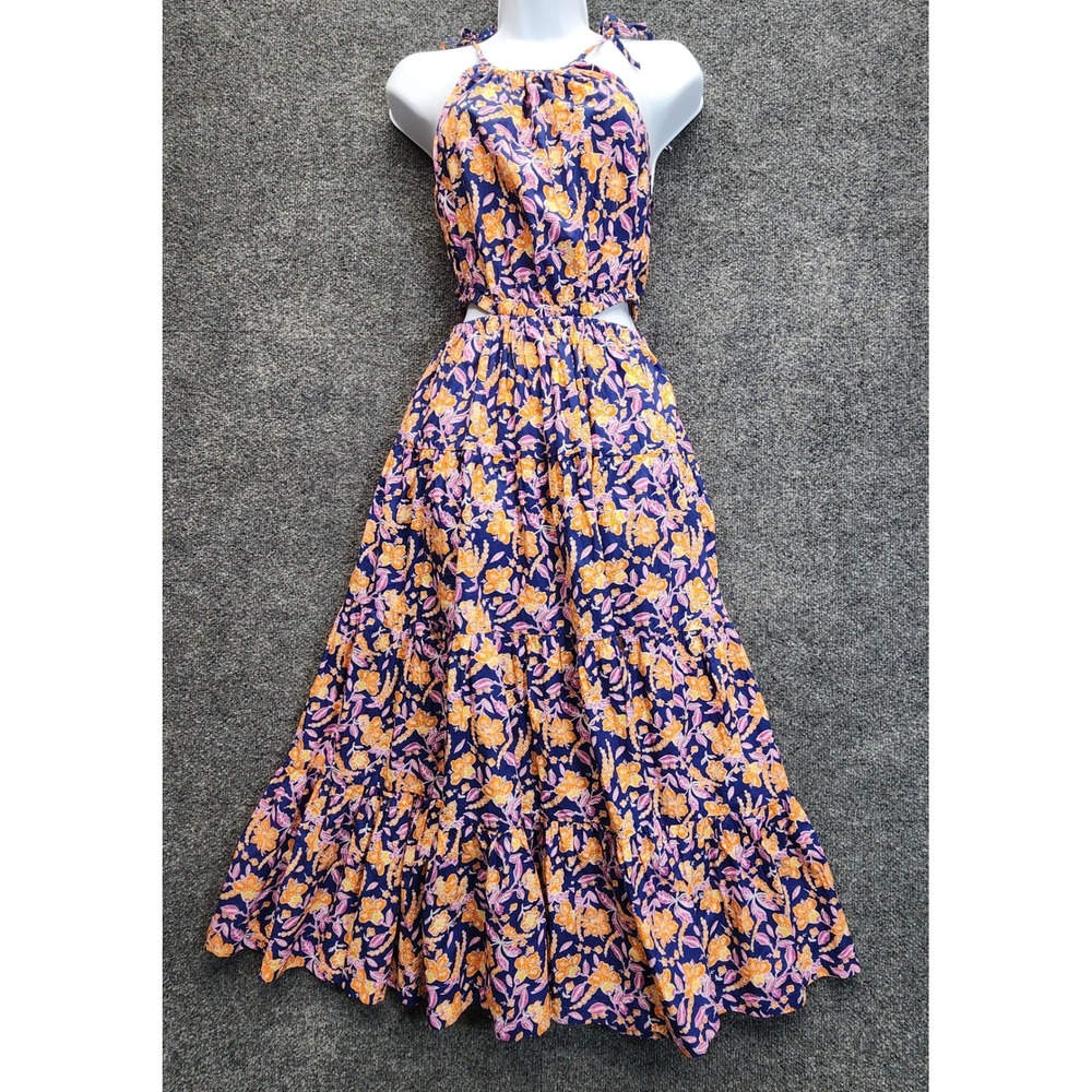 J.Crew Women Floral Cutout Tiered Cotton Halter Maxi Dress Cottagecore XXS